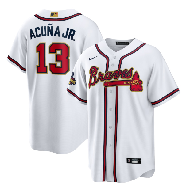 Men's Atlanta Braves #13 Ronald Acuña Jr. 2022 White/Gold World Series Champions Program Cool Base Stitched Baseball Jersey Men's Atlanta Braves #13 Ronald Acuña Jr. 2022 White/Gold World Series Champions Program Cool Base Stitched Baseball Jersey